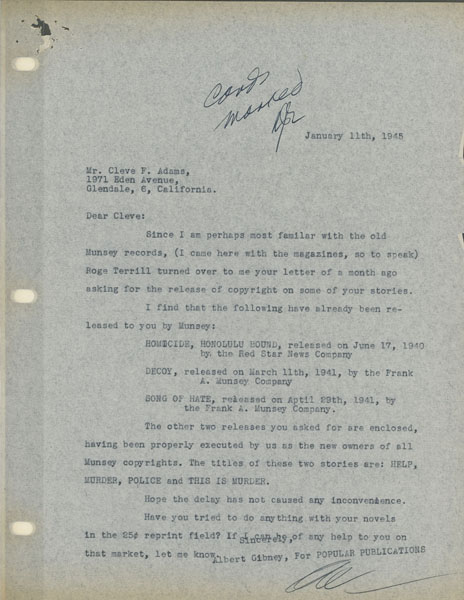 One Page Typed Letter To Author Cleve F. Adams GIBNEY, ALBERT [FOR POPULAR PUBLICATIONS]