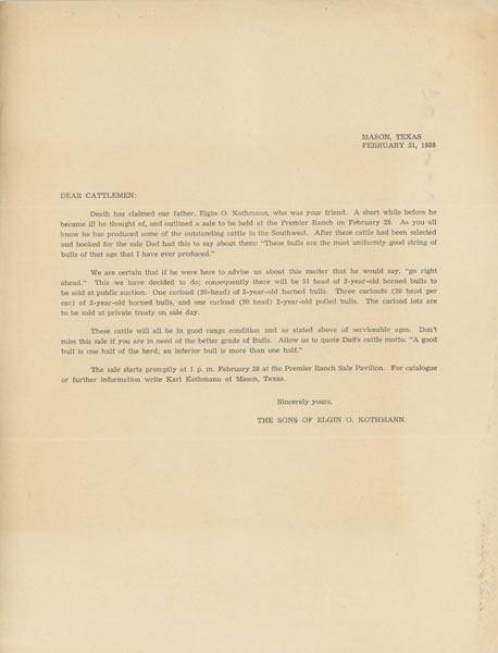 Typed Letter Dated February 21, 1938 Announcing The Death Of Cattleman Elgin O. Kothmann KOTHMANN, ELGIN O. [THE SONS OF]