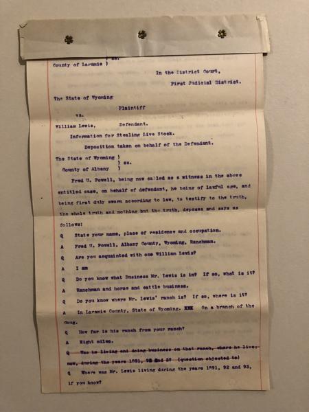 Signed Deposition In The Case Of The State Of Wyoming Versus William Lewis, December 17, 1894 FRED U POWELL