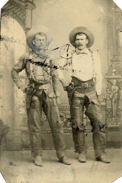 Photograph Portrait Of Two Cowboys In Full Cowboy Gear Reaching For Holstered Sidearms PHOTOGRAPHER UNKNOWN