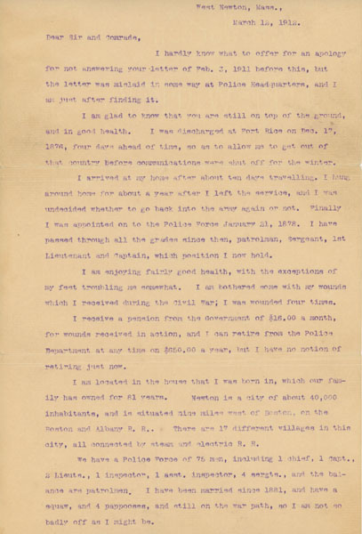 Typed Letter From First Sergeant John Ryan -- Battle Of The Little Big Horn FIRST SERGEANT JOHN RYAN