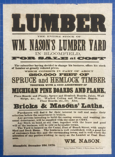 Broadside. Lumber - The Entire Stock Of Wm. Nason's Lumber Yard In Bloomfield (Michigan) For Sale At Cost WM NASON