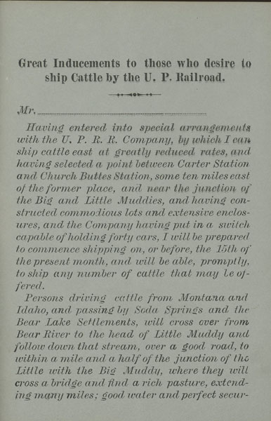 Great Inducements To Those Who Desire To Ship Cattle By The U. P. Railroad JUDGE WILLIAM A. CARTER