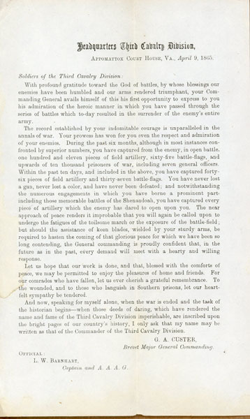 8" X 5" Broadside - Headquarters Third Cavalry Division - Brevet Major General Commanding George A. Custer - Civil War CUSTER, G. A. BREVET MAJOR GENERAL COMMANDING,