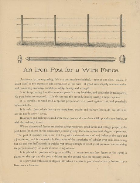 An Iron Post For A Wire Fence - Pictorial Broadsheet THE AMERICAN IRON POST AND CONSTRUCTION COMPANY