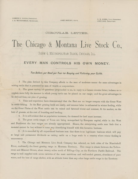 Circular Letter. The Chicago & Montana Live Stock Co., "Every Man Controls His Own Money" WICKERSHAM, J. B. [SECRETARY]