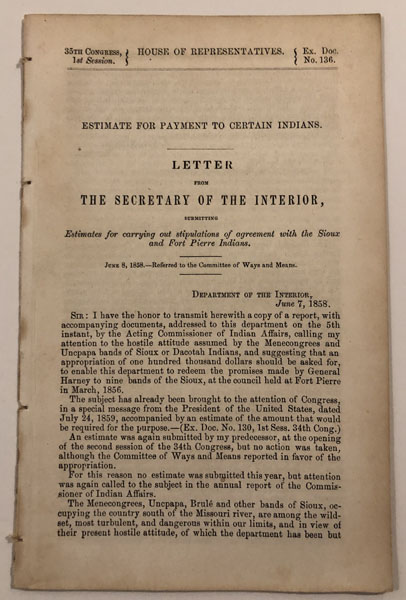 Letter From The Secretary Of The Interior, Submitting Estimates For Carrying Out Stipulations Of Agreement With The Sioux And Fort Pierre Indians. J. THOMPSON