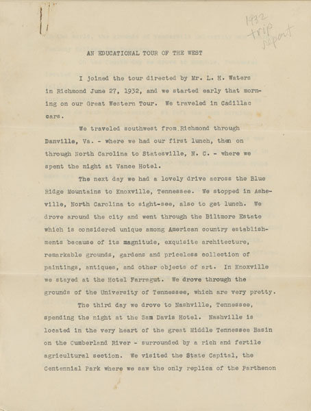 A Typed Fourteen-Page Manuscript Of A 1932 Automobile Driving Tour Through The American West In Cadillacs WATERS, L. H. [TOUR DIRECTOR]