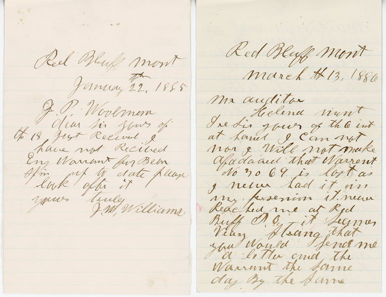 Three Autographed Letters - A Montana Territory Man Gets Testy About Not Receiving His Warrant For Bear Furs WILLIAMS, J. W. [AUTHOR OF LETTERS]