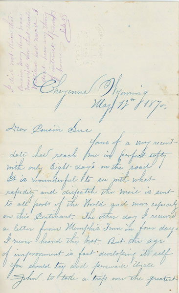 Post Civil War Letters From Cheyenne Provides Great Content On Cavalry, Native Americans, Chinese Settlers, Etc. "The Age Of Improvement Is Fast Developing Itself." ESB [INITIALS OF LETTER WRITER]