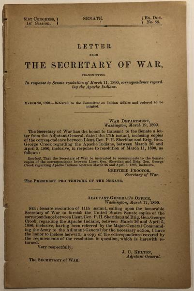 Letter From The Secretary Of War, Transmitting...Correspondence Regarding The Apache Indians. REDFIELD-SECRETARY OF WAR PROCTOR