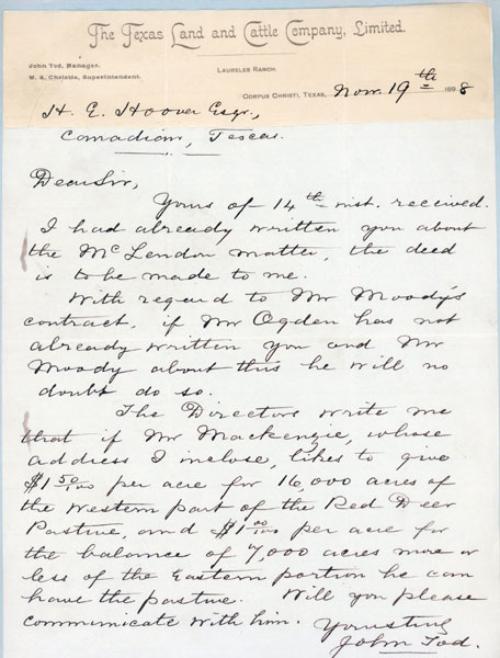 Series Of Letters Written By Captain John Tod To H. E. Hoover 1888-1889. Texas Land And Cattle Company