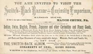 Trade Card For The Switch-Back Bazaar & Curiosity Emporium, Mauch Chunck, Pennsylvania MANSION HOUSE